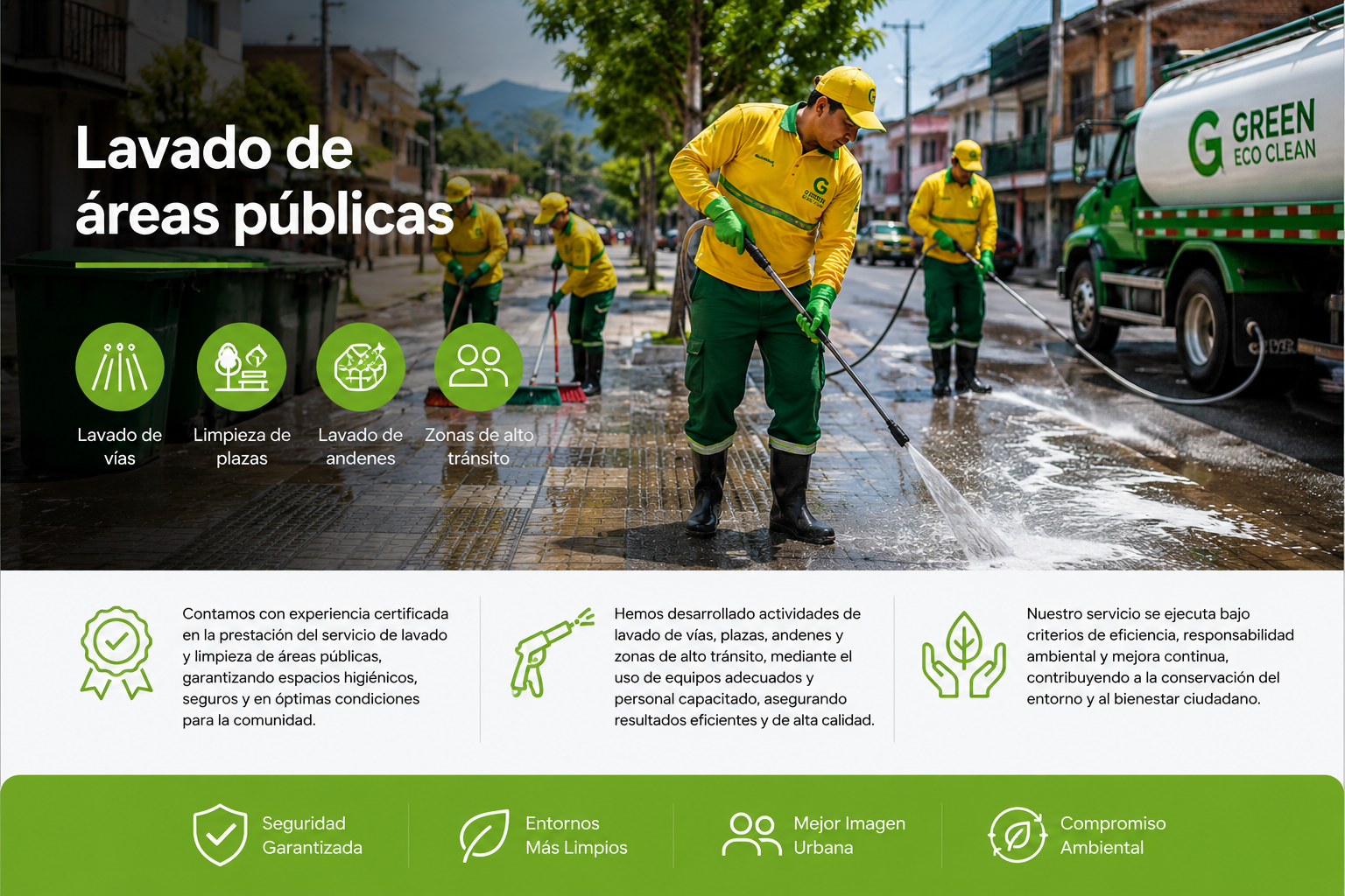 Lavado de áreas públicas — vías, plazas, andenes y zonas de alto tránsito